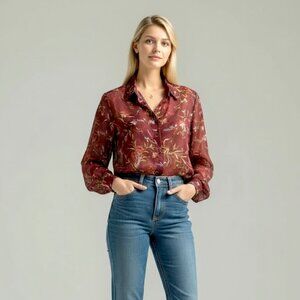 Balenciaga Authentic Red Floral Sheer Silk Blouse, Womens Size IT 36 / US 4